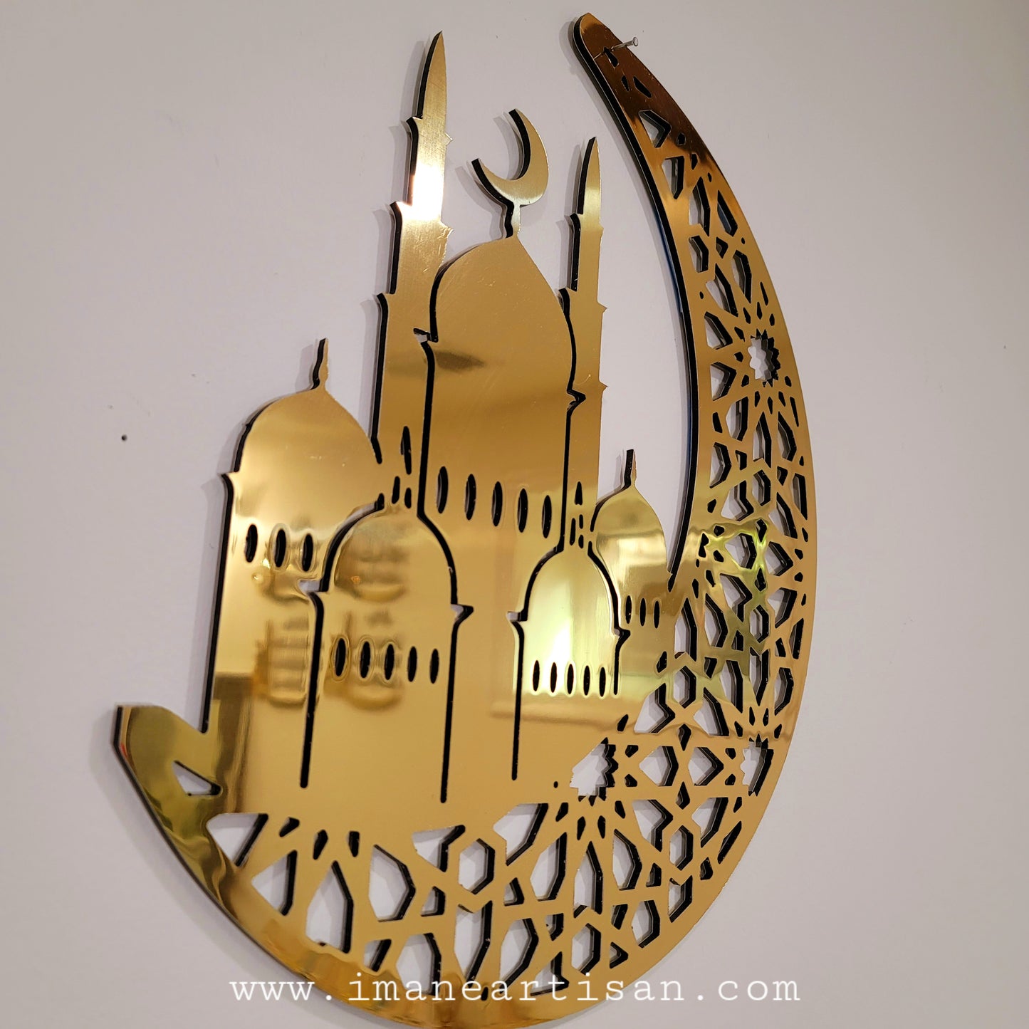 RD-007/ Ramadan decoration Moon masjid Islamic Arabic Calligraghy Arabesque Design/ Wall Art Decor Gold Silver Mirror Effect Alucobond Metal