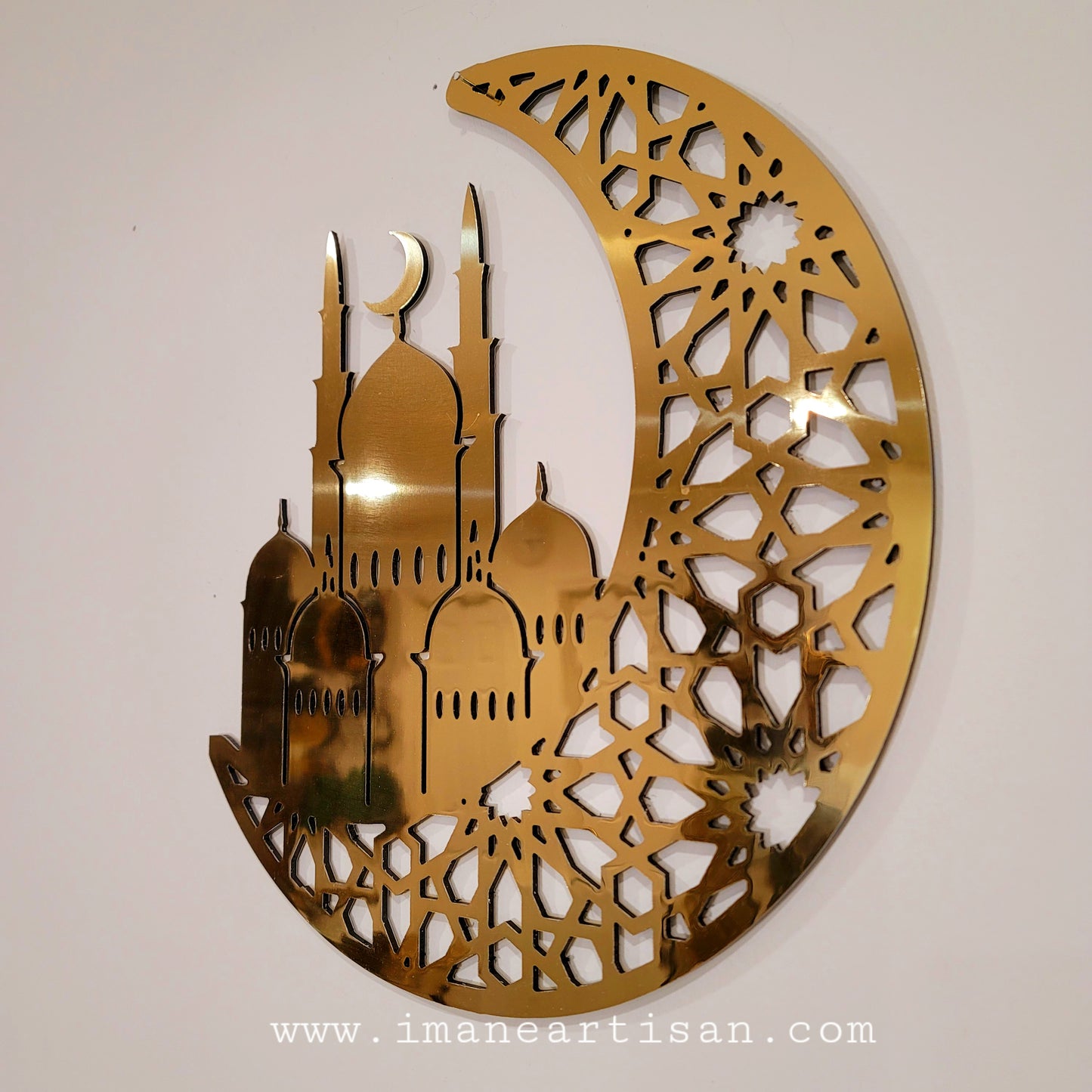 RD-007/ Ramadan decoration Moon masjid Islamic Arabic Calligraghy Arabesque Design/ Wall Art Decor Gold Silver Mirror Effect Alucobond Metal