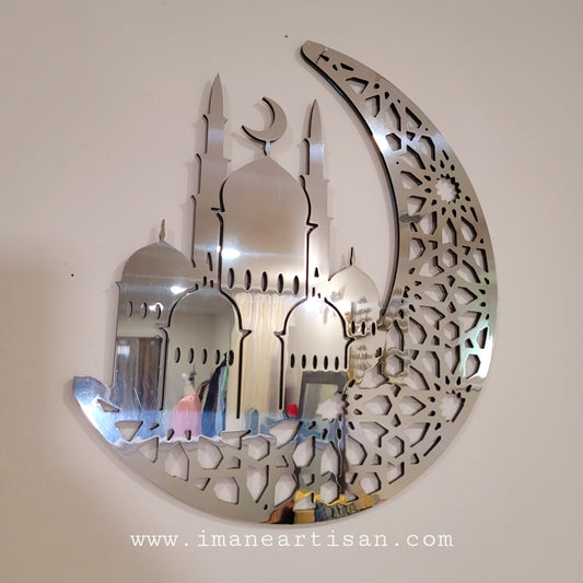 RD-007/ Ramadan decoration Moon masjid Islamic Arabic Calligraghy Arabesque Design/ Wall Art Decor Gold Silver Mirror Effect Alucobond Metal