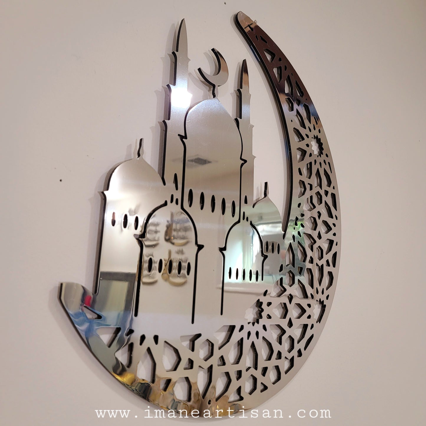 RD-007/ Ramadan decoration Moon masjid Islamic Arabic Calligraghy Arabesque Design/ Wall Art Decor Gold Silver Mirror Effect Alucobond Metal